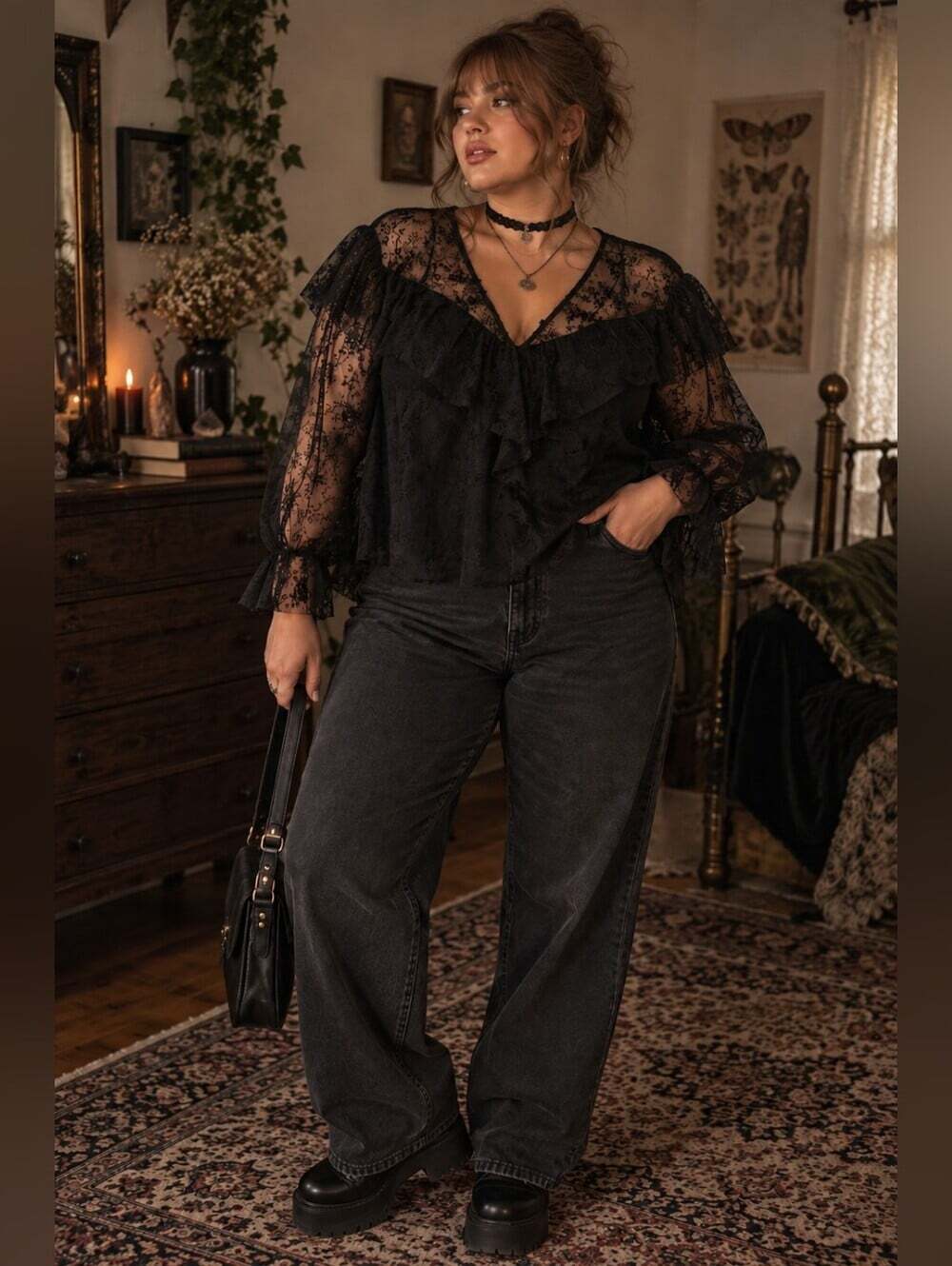 Zara XL Black Velvet Burnout Floral Mesh Ruffle Blouse Sheer Whimsigoth Goth
